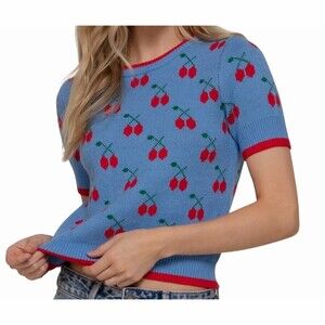 Womens Sweater Top Blue Cherry Print Short Sleeve Crewneck Red Trim